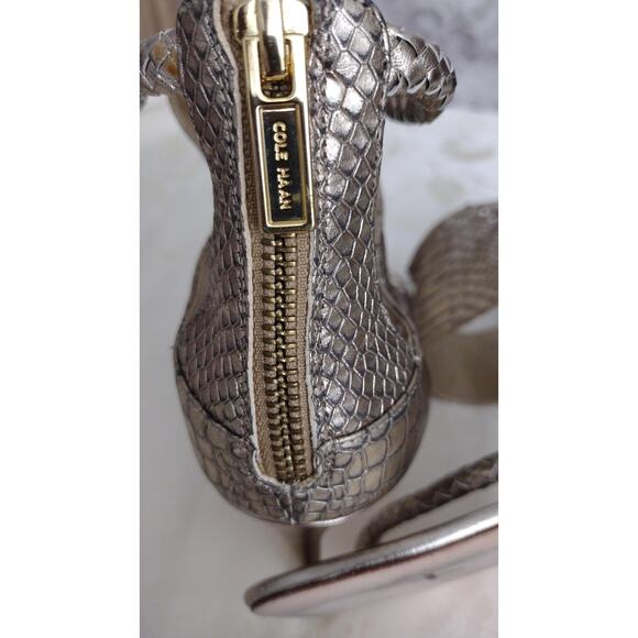 Cole Haan Shoes Womens Size 10.5 Metallic Pewter Sandals Snakeskin Zip Gold - Picture 7 of 9